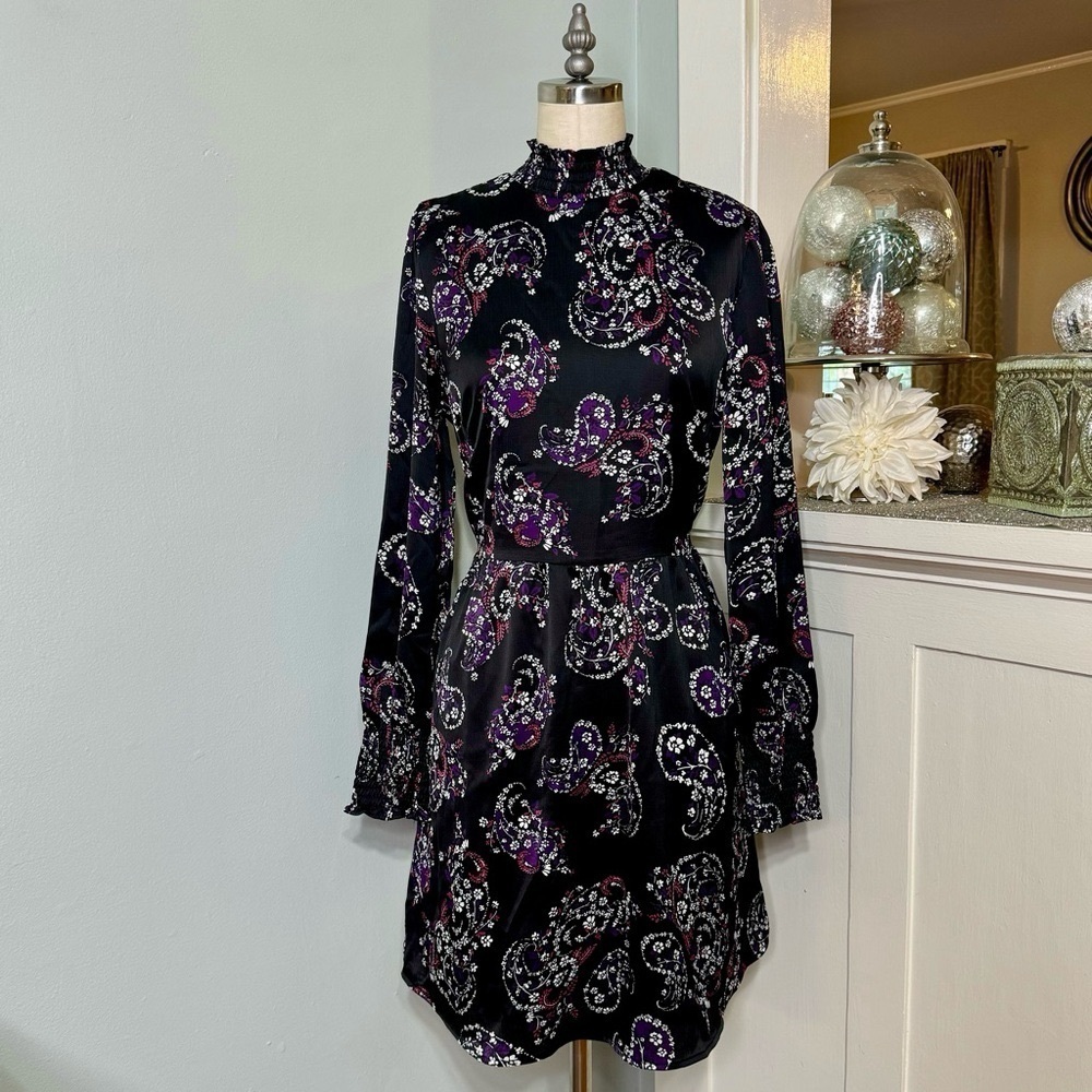 LOFT Paisley Smocked Flared Long Sleeve Floral Dress Black Purple White 8 - Picture 4 of 13
